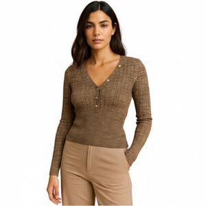 House Of Harlowe 1960 Ribbed Knit Two Tone Brown Henley Sweater Small EUC!